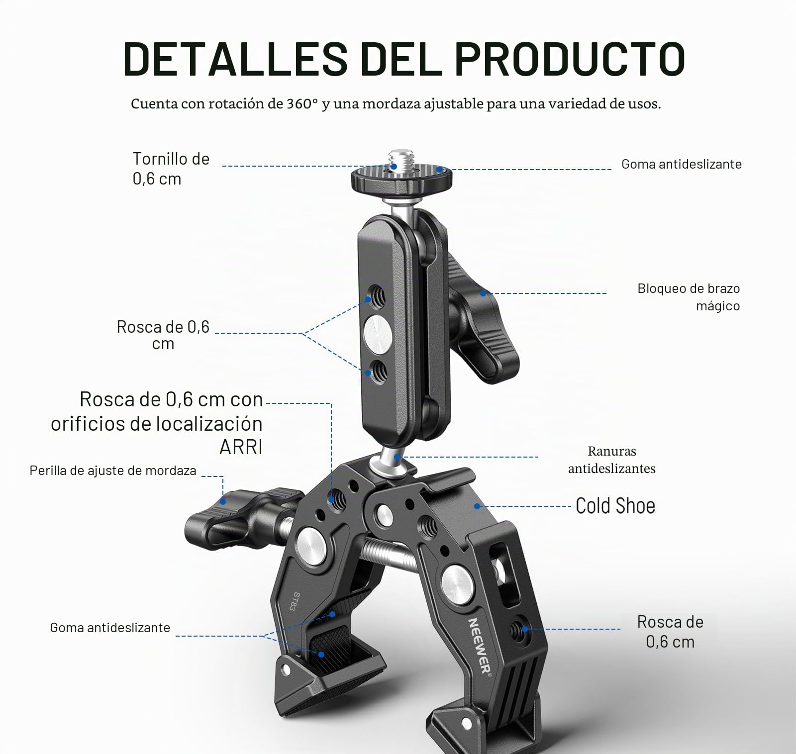 NEEWER Super Clamp con 3" Magic Arm de Doble Cabeza esférica, Cold Shoe, Rosca 1/4", Adaptador Teléfono/Cámara Acción para Trípode de Mesa Barras Gimbal, Compatible con SmallRig GoPro dji, ST83