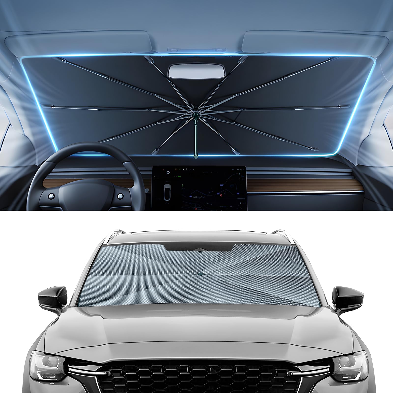Autorder Windshield Sun Shade Umbrella for 2016-2026 Mazda CX-9 CX9 Accessories,Upgraded Ice Crystal Material,Easy Setup Umbrella Sunshade for Car Windshield,100% Sun Blocking