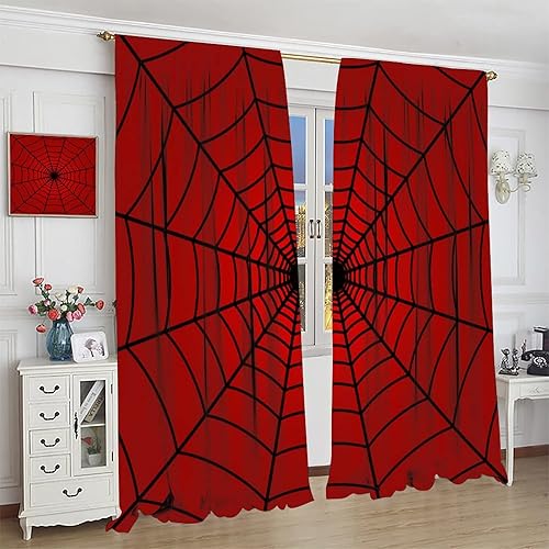 Miniatura 3 de Cortinas de ventana de tela de araña de héroe para niños, cortinas rojas negras para niños, cortinas opacas con bolsillo para barra, tratamiento de