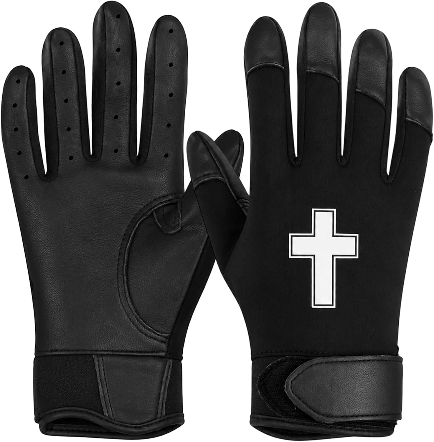 JenPen 1 Pair Christian Youth Batting Gloves 6.5 Inch Religious Baseball Batting Gloves Long Cuff Leather Cross Mitt Anti-Slip Grip Finger for Softball Teeball Baseball Kids Boy, M Size