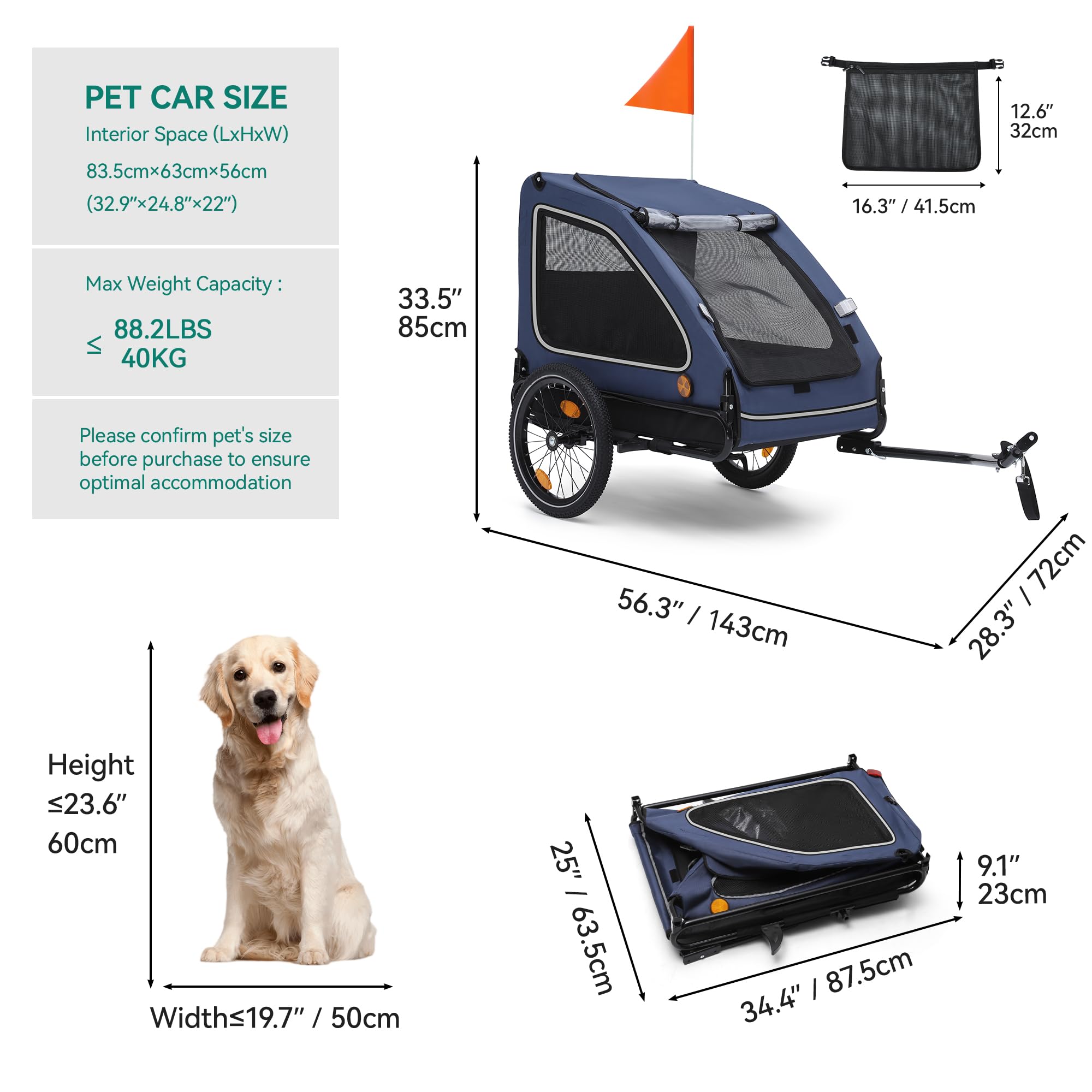 YITAHOME Rimorchio per cani 2 in 1 con ruota anteriore girevole a 360° e rimovibile, passeggino per cani in tela Oxford 600D, rimorchio per bicicletta, max 40 kg, riflettori e guinzaglio di sicurezza