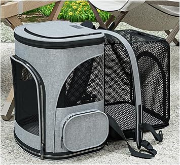 Cat Carrier Backpack, Expandable Pet Carrier with Sun Shade ,Oxford Canvas Material,Breathable Mesh Backpack for Small Dogs, Medium Cats, for Traveling, Hiking, Camping Grey