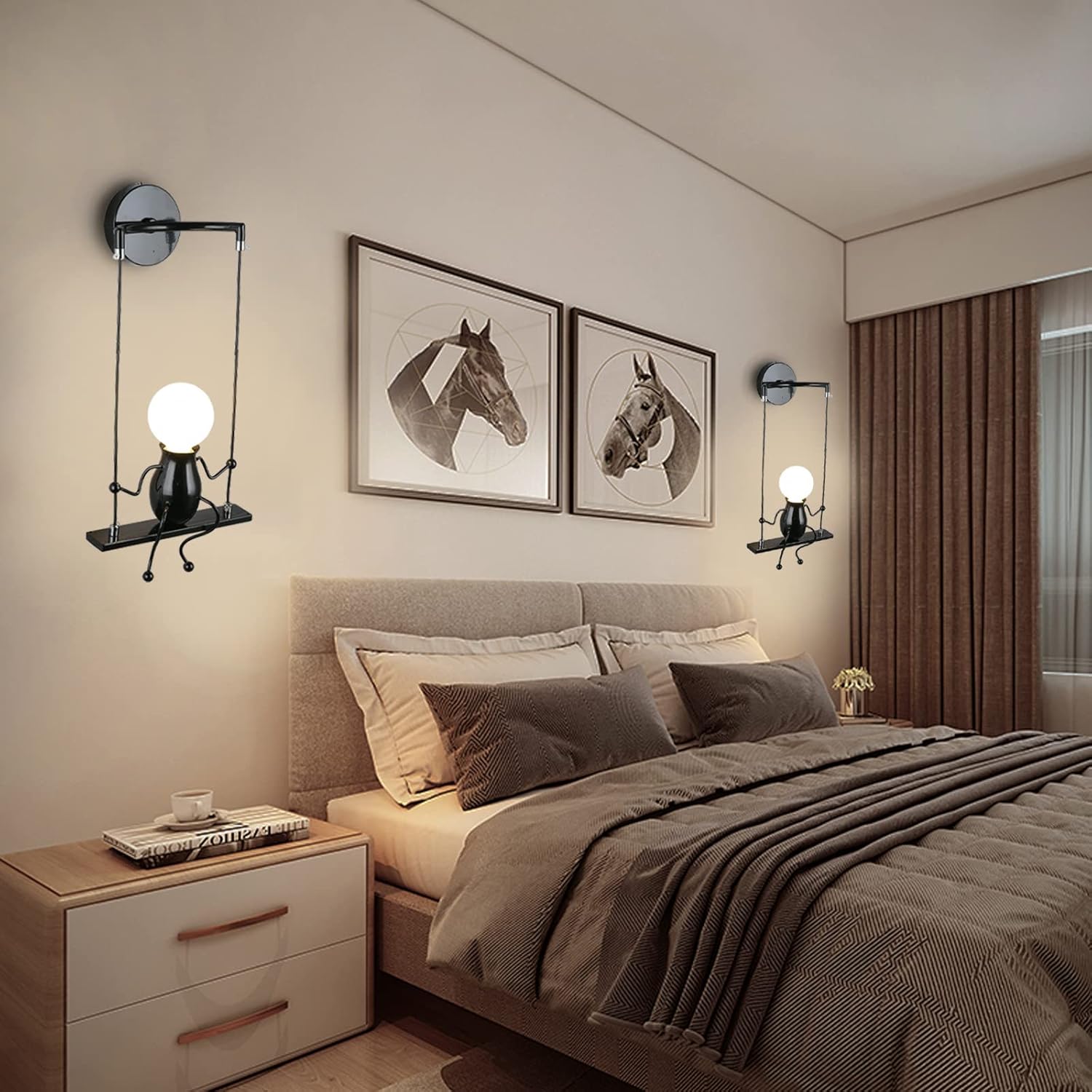 Wall Light Fixtures Indoor Creative LED Lights for Bedroom Cartoon Little People Swing Wall Lamp Mini Doll Adjustable Wall Sconces Lighting Decor Gift Metal Bedside Lamps Modern 1×E26 (Black)