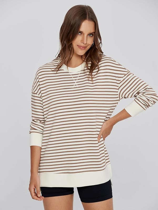 Simplee Womens Oversized Striped Sweatshirt Casual Long Sleeve Crewneck Loose Trendy Pullover Shirts Tops Fall Fashion 2026 Brown,M image 6