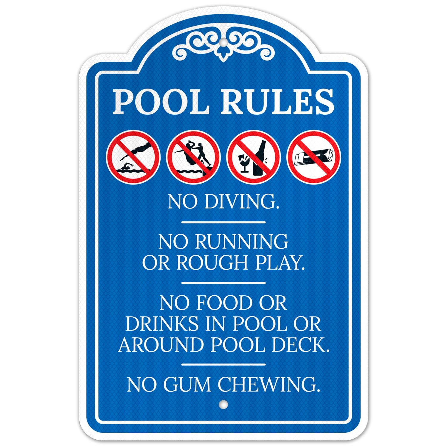 Sigo Signs, Pool Rules No Diving No Running No Food Or Drinks No Gum Chewing Sign, 12x18 Inches, ACM, Fade Resistant, Made in USA-image-27