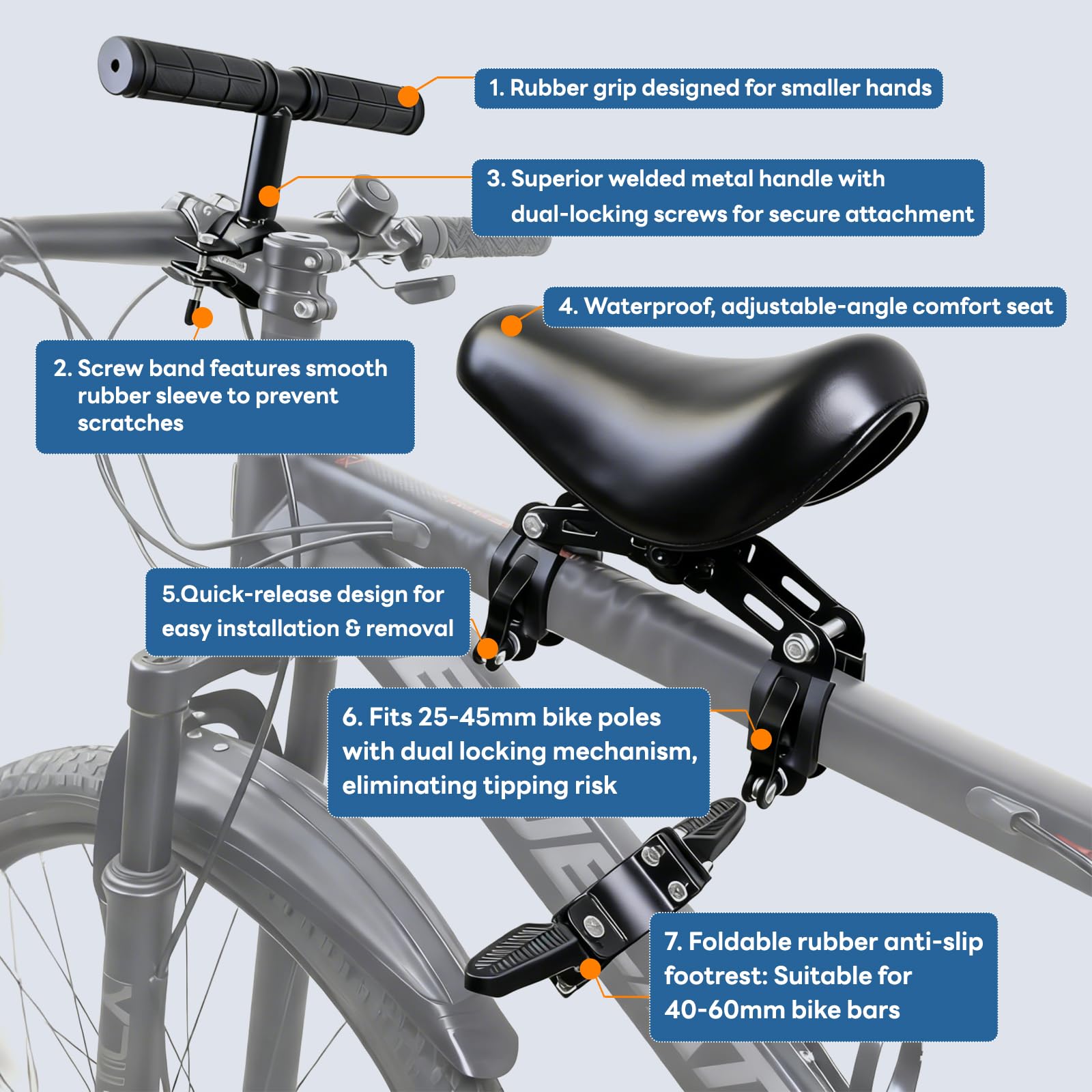 Seggiolino Anteriore per Bicicletta, Seggiolino Bici per Bambini con Braccioli e Pedane, Seggiolino Anteriore per Bici da Montagna, City Bike e Bici Pieghevoli