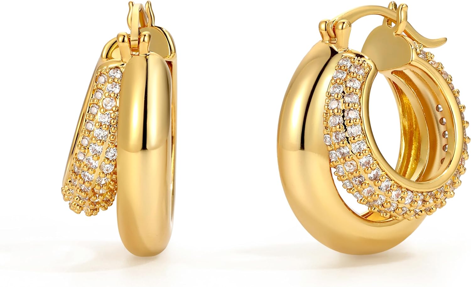 Double Hoop Earrings for Women, Cubic Zirconia Huggies 18K Gold Plated Thick Huggie Hoops Hypoallergenic Trendy Two Hoop Earring Styles Chunky Gold Hoop Earrings Gifts for Women