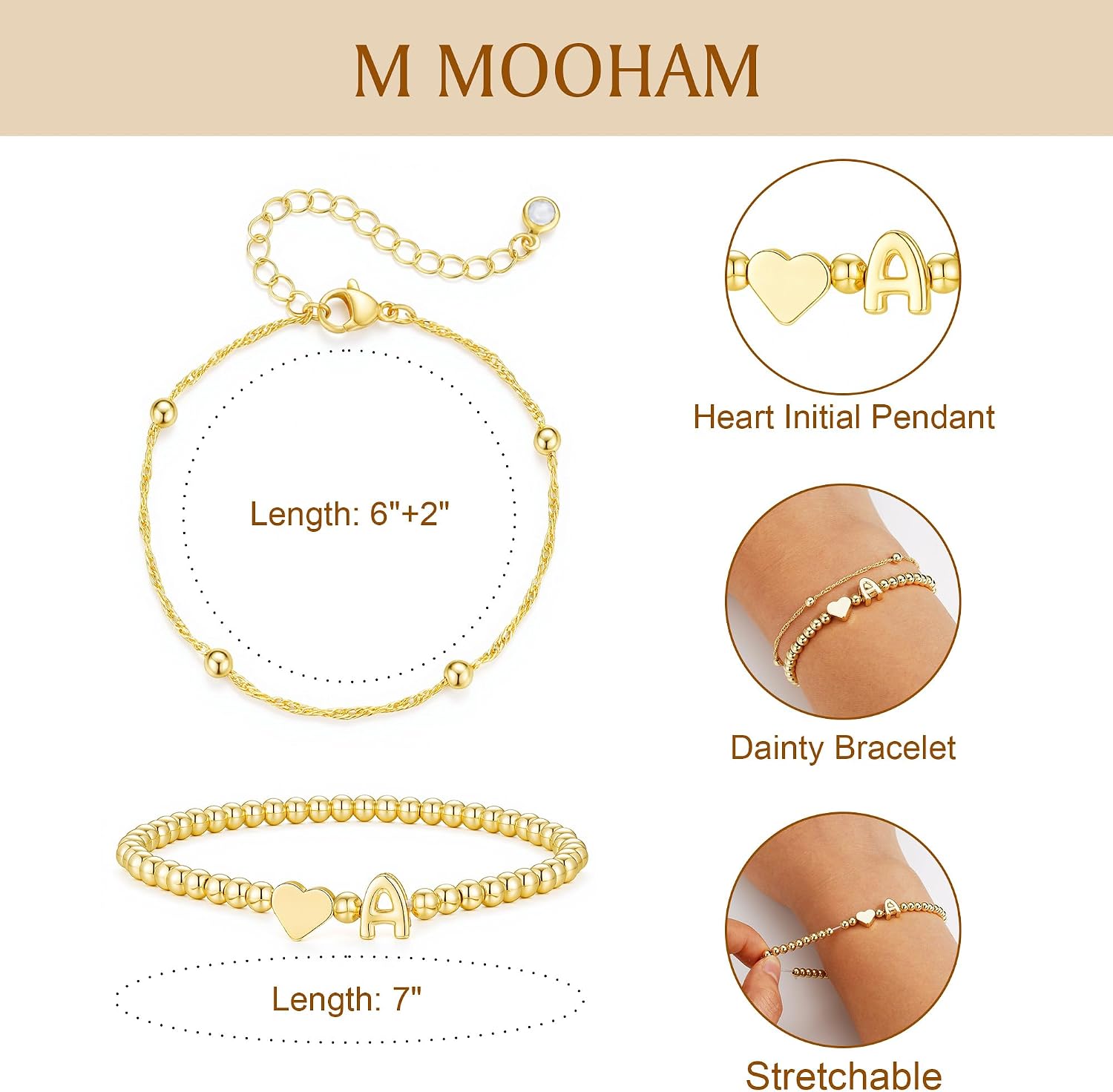 M MOOHAM Initial Bracelets for Teen Girls Women - 14K-Gold-Plated Heart Initial Bracelet for Women Stretch Beaded Bracelets for Girls Kids Toddler Jewelry Birthday Gifts for Teens Kids Teenage
