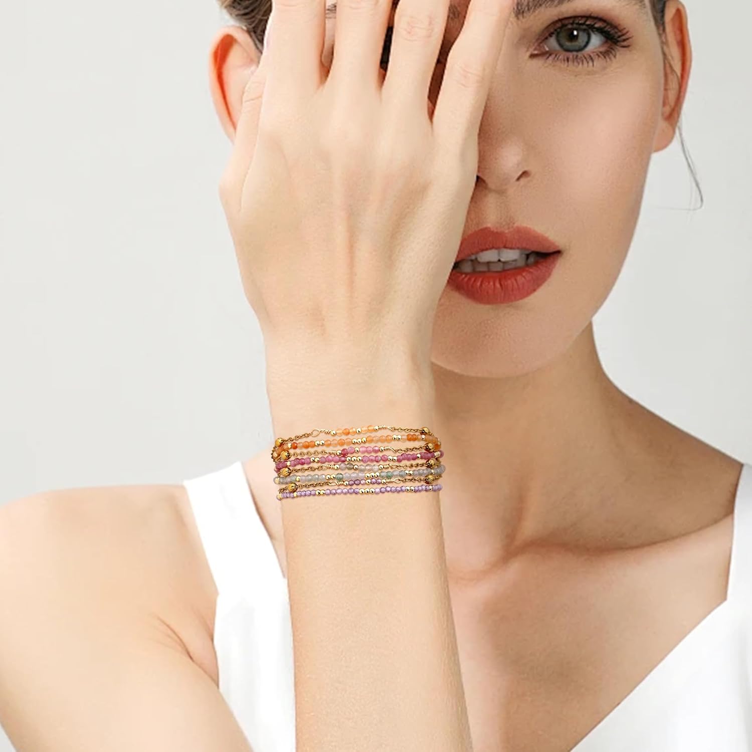 Dainty Colorful Gemstone Beaded Link Bracelets Stack Set for Women, 4Pcs Boho Handmade Adjustable Gold Beads Stackable Bracelet Outfit Accessories Jewelry Gift. - Image 2