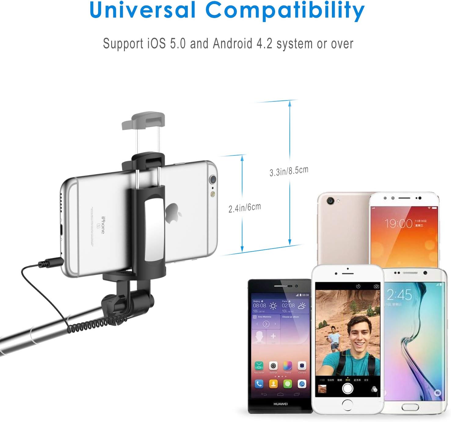 Selfie Stick, JETech One-Piece U-Shape [Battery Free] Extendable Wired Cable Control Self-Portrait Monopod Pole with Mount Holder for Apple&Android Devices and More
