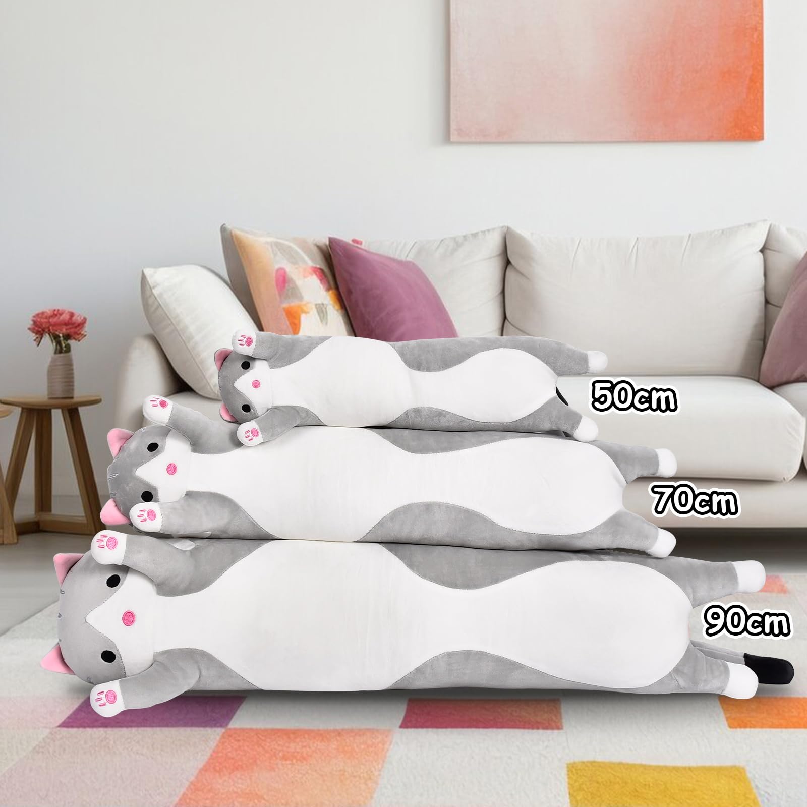 Peluche Chat Long Ultra Douce 60 Cm - Coussin Câlin, Oreiller Corporel Kawaii, Rose, Yeux Ronds, Pour Enfants Et Adultes