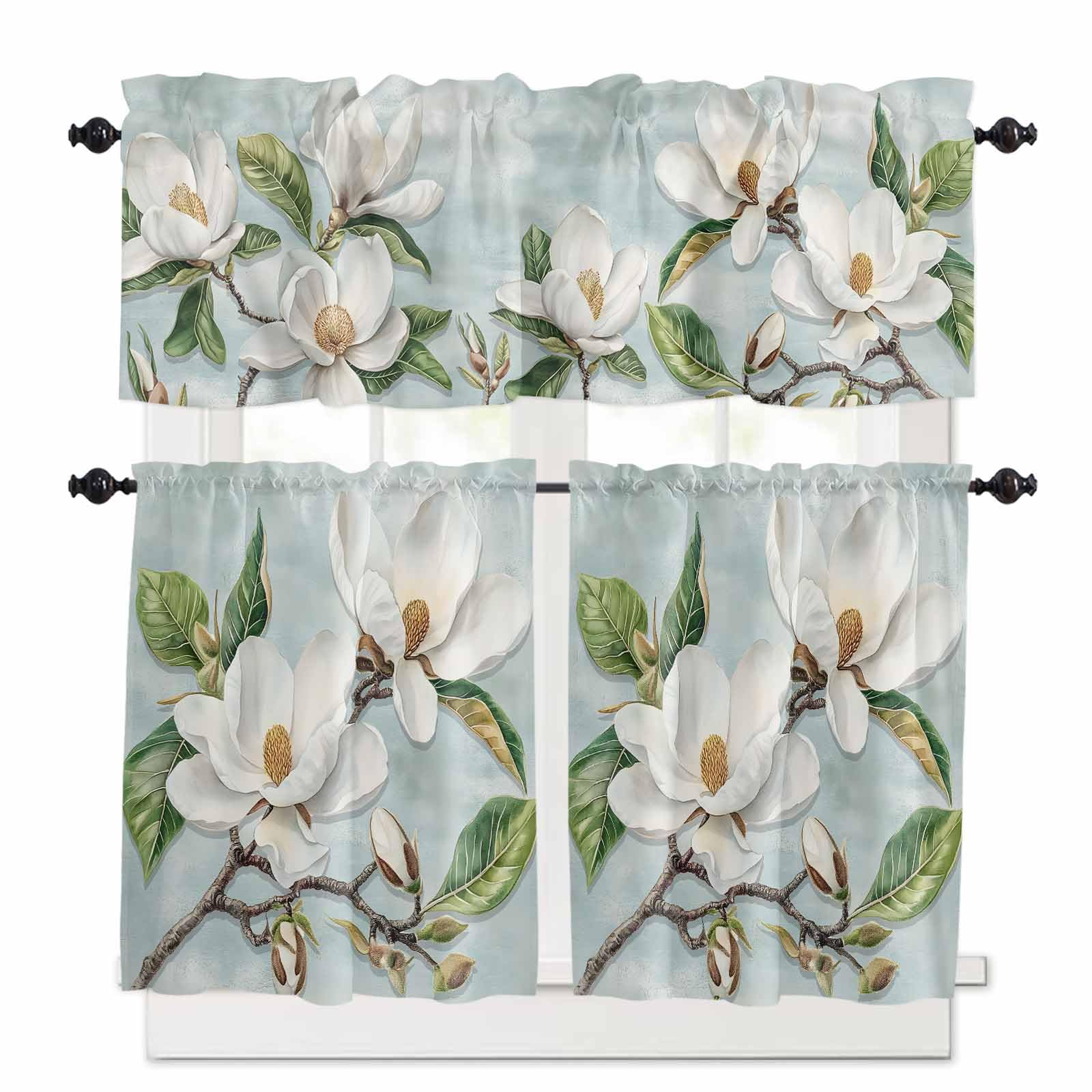 Botanical Flowers Kitchen Curtains 36 Inch Length, 3 Piece Rod Pocket Small Half Tiers and Valance Set, Country Magnolia Leaves Branches Small Large Window Treatment Decor for Bedroom/Bathroom Sink