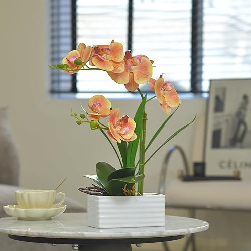 Vista 60 de Flores artificiales de orquídea de tacto real en maceta, flor falsa de Phalaenopsis con jarrón de cerámica blanca, arreglo de orquídeas sintéticas