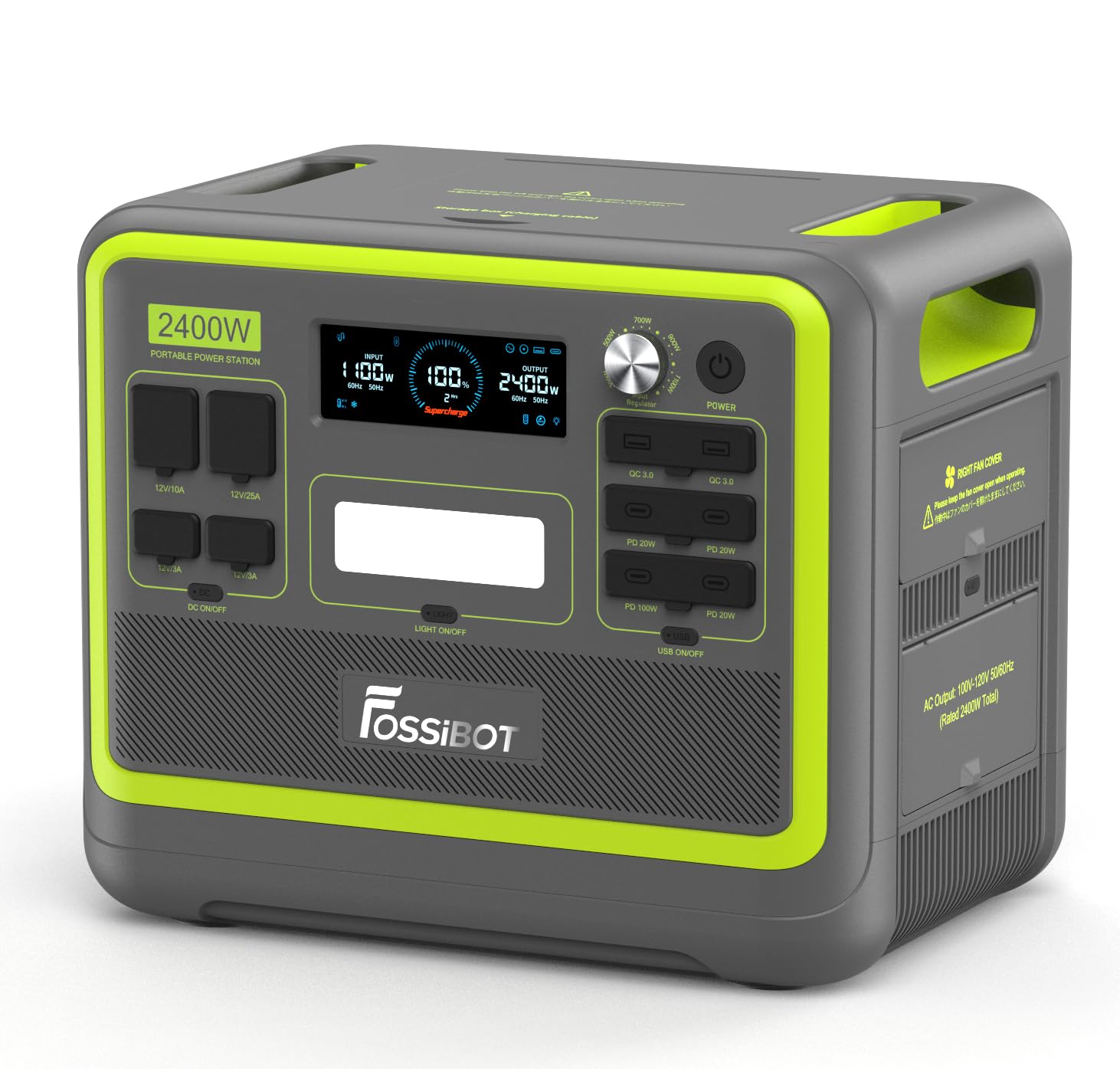 FOSSIBOTF2400 Portable Power Station 2400W, 2048Wh LiFePO4 Battery Backup/6 x 110V AC 2400W Outlets (4800W Peak), 16 Ports, 1.5H Fast Charging, LED Solar Generator for Home Use Camping RV Emergency