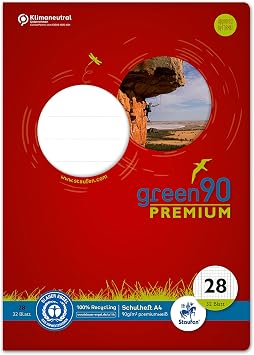 Staufen Green notebook - DIN A4, type 28 ruling 5 mm squared with margin lines, 32 sheets, 90 g/m2 recycled paper, round corners prevent donkey ears, 4 different designs not possible, 1 piece