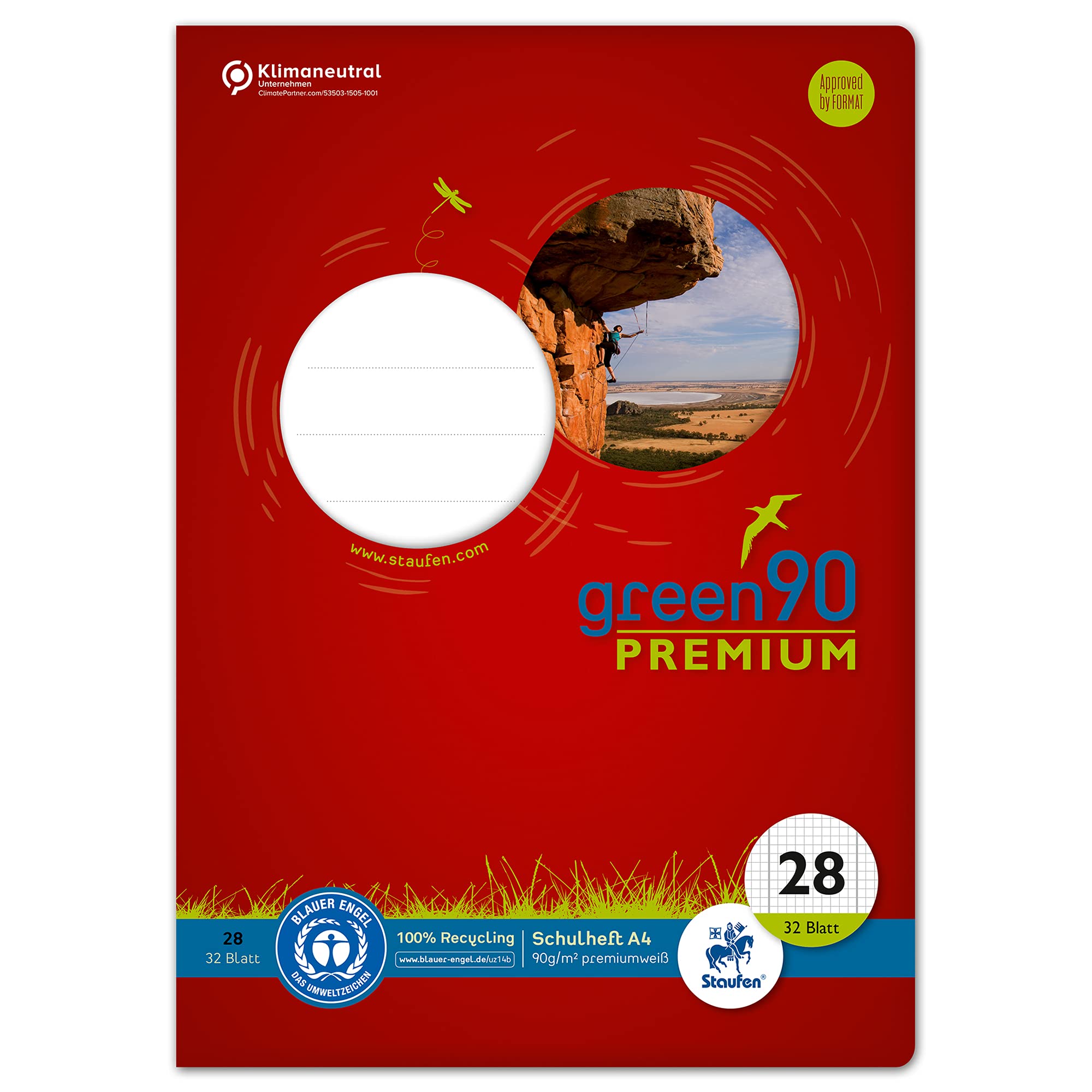 Staufen Green notebook - DIN A4, type 28 ruling (5 mm squared with margin lines), 32 sheets, 90 g/m² recycled paper, round corners prevent donkey ears, 4 different designs (not possible), 1 piece