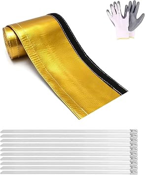 Heat Shield Gold Foil Sleeving Heat Shield Fuel Line Wire Sleeving, 3/4" I.D. x 10FT with 10PCS Stainless Steel304 Cable Metal Ties