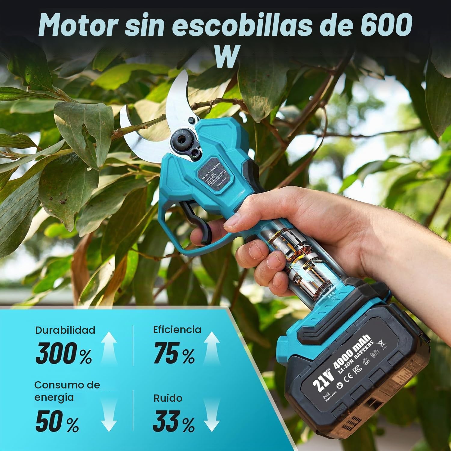 Tijeras de podar eléctricas inalámbricas, telescópicas de 36 V con pértiga telescópica, con 2 baterías de Iones de Litio de 2,0 Ah, diámetro de Corte de 40 mm y Ajuste de ángulo.