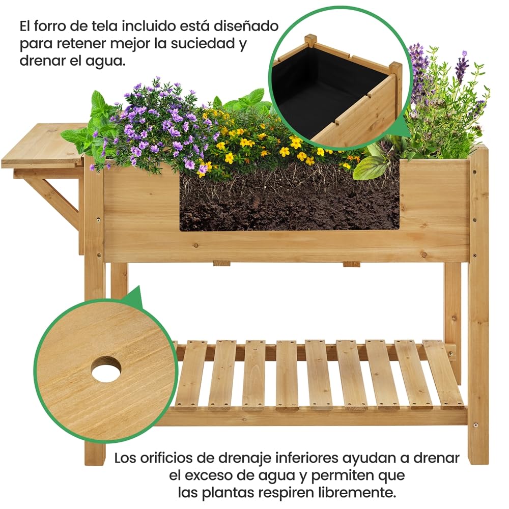 Yaheetech Huerto Urbano con Estante 123,5x54x80cm Macetero Jardinera Elevada de Madera Abeto con Rejillas de Cultivo Extraíbles y Forro Interior de Tela para Jardín/Terraza/Balcón Marrón Claro