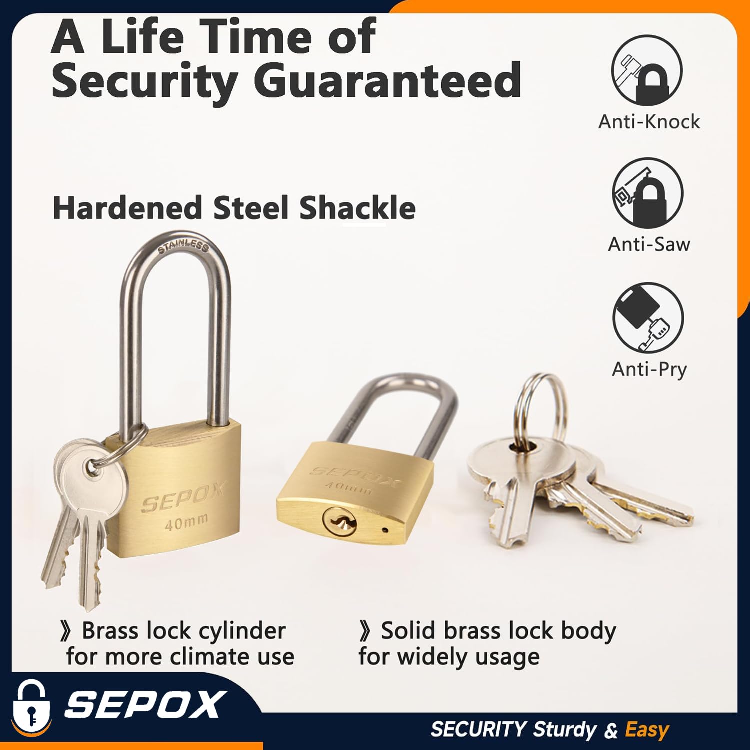 SEPOX Lucchetto Marino 40mm In Ottone Massiccio Con Chiave – Grillo Lungo Acciaio Inox
