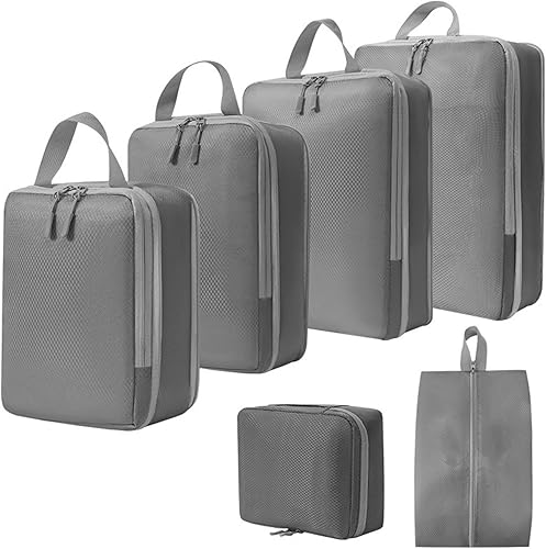 Compression Packing Cubes Set for Travel, Lightweight, Durable Clothes Organizer, Travel Accessories (Square Mesh 6 Set)(Gray)
