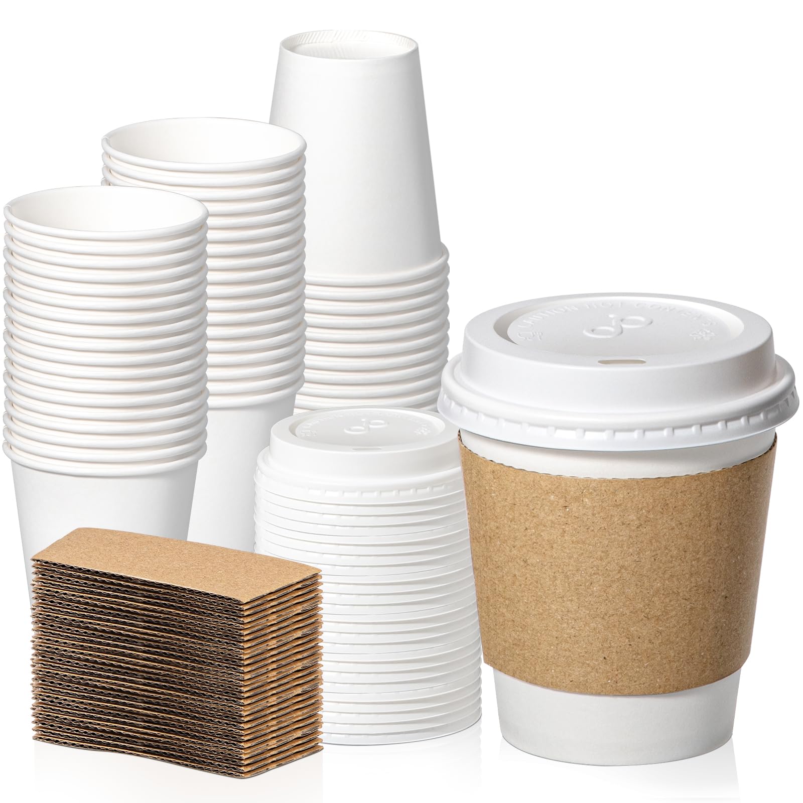 Fit Meal Prep 100 Pack 10 oz Disposable Coffee Cups with Lids, Sleeves, Leak-Proof To Go Coffee Cups with Lids, Durable Hot Paper Cups for Home, Office, Party, Business