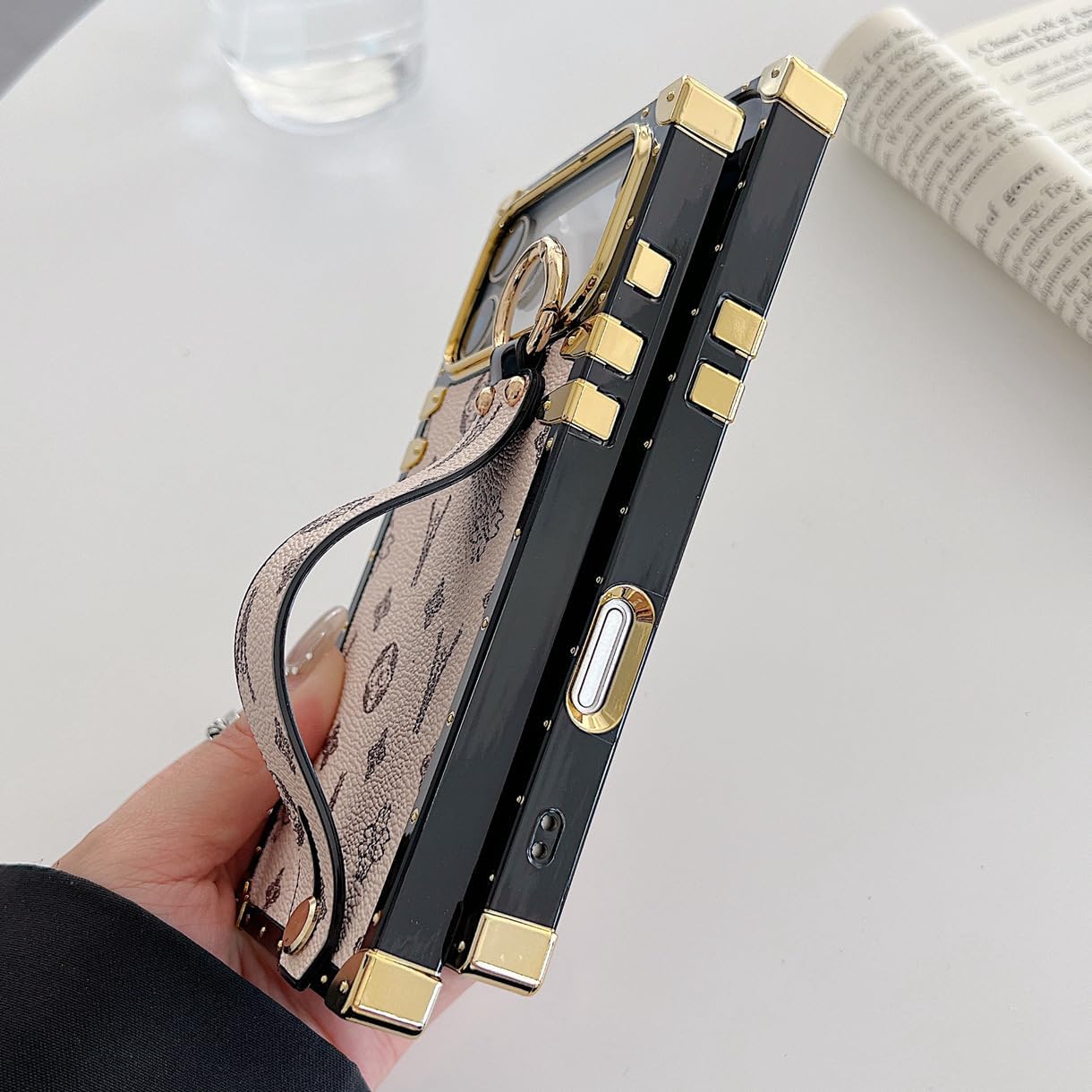 Compatible with iPhone 17 Pro Max Case Luxury Designer for Women Girls,Rectangle Leather with Wristband Strap Kickstand Holder Protective Cover for 17 Pro Max - 6.9 inch(Brown) - Image 6