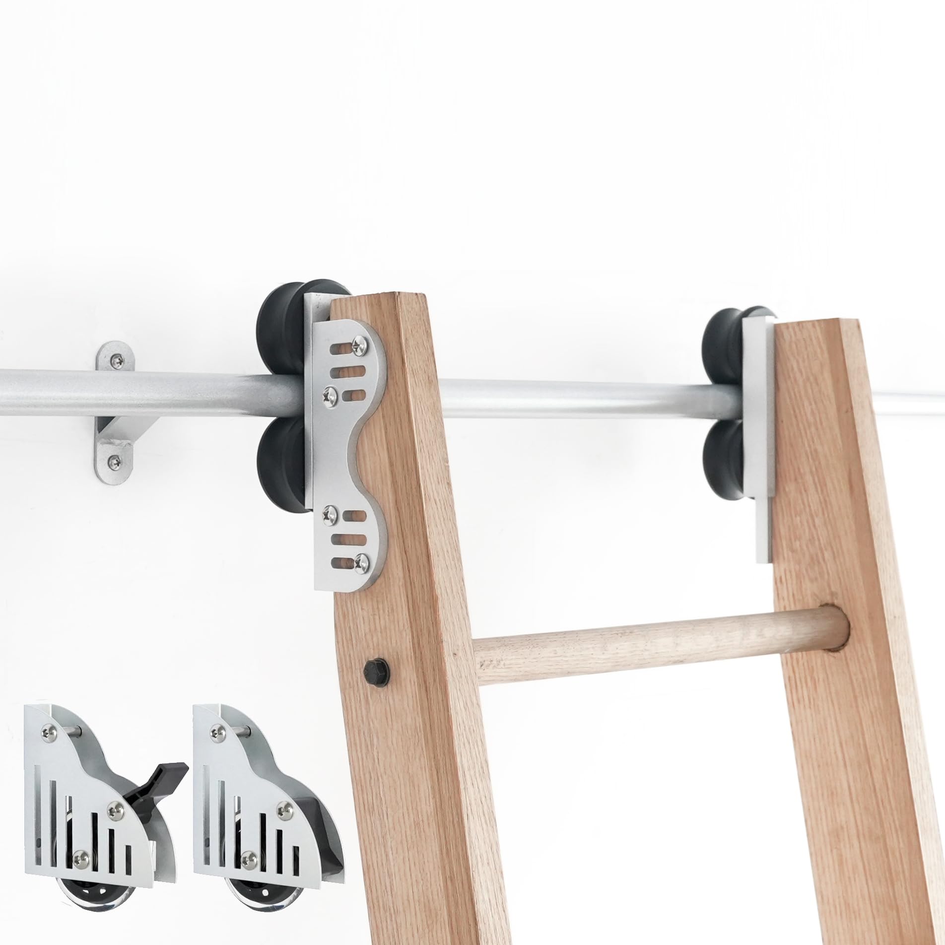 DIYHD 13FT Telescopic Sliding Library Ladder Hardware Silver Bottom Wheel with Brake