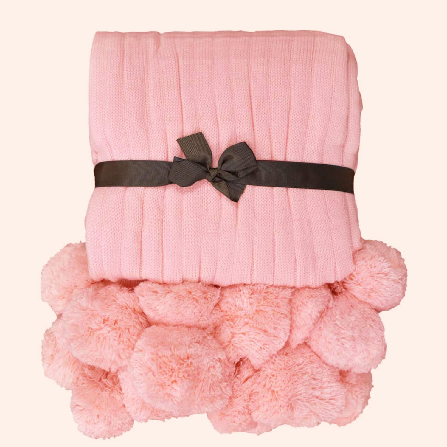 100% Cotton Pink Blanket Knitted Throw Blanket with 14PCS Pom Poms Soft Chunky Knit Shabby Chic Sofa Throw Blanket with Bow for Kid Women Friends Fanther's Day Gift (Cream Pink, 40''x60'')