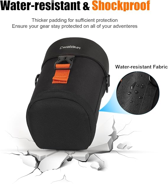 Cwatcun Camera Lens Case, Hard Case Shockproof DSLR Camera Lens Pouch with Shoulder Strap, Water Resistant Camera Lens Bag for Nikon, Sony, Fuji, Canon and Other Lens Below 3.03 x 5.71(D x L)