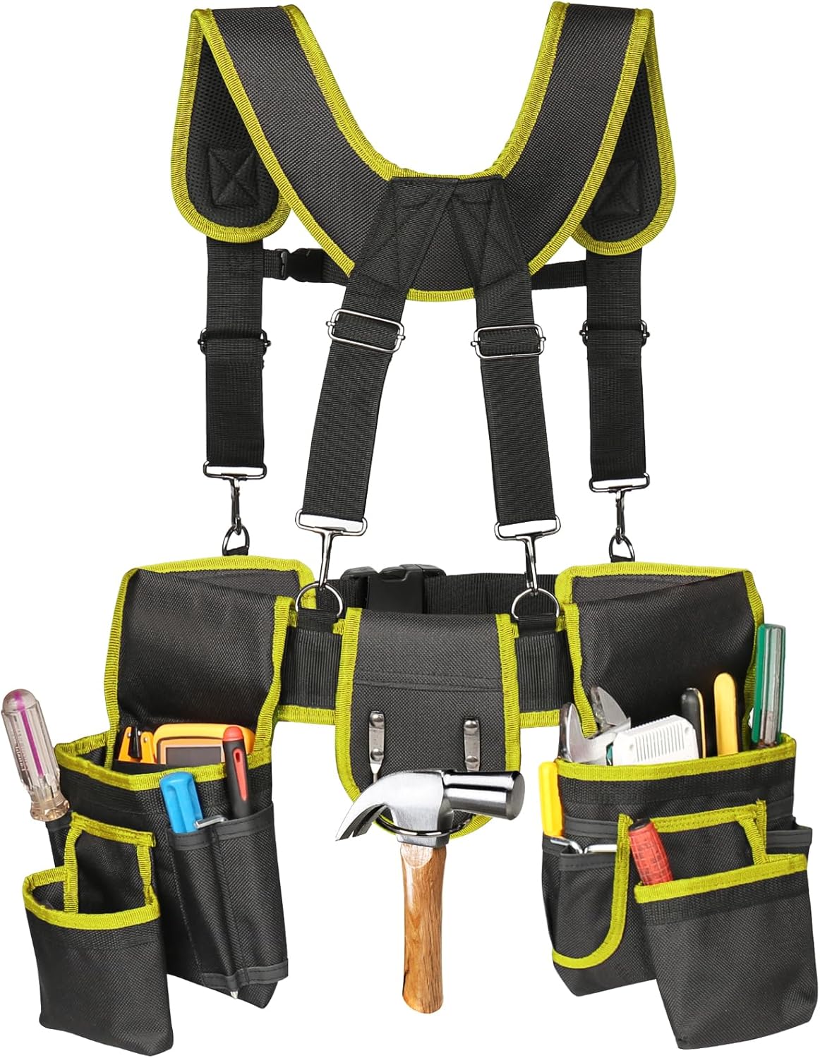 Tool Belt,Professional Tool Belts for Men with Suspenders,18 Pockets Heavy Duty Tool Pouch,Heavy Duty Detachable Adjustable Utility Belt Work Bags for Electrician,Carpenter (Yellow, Large)