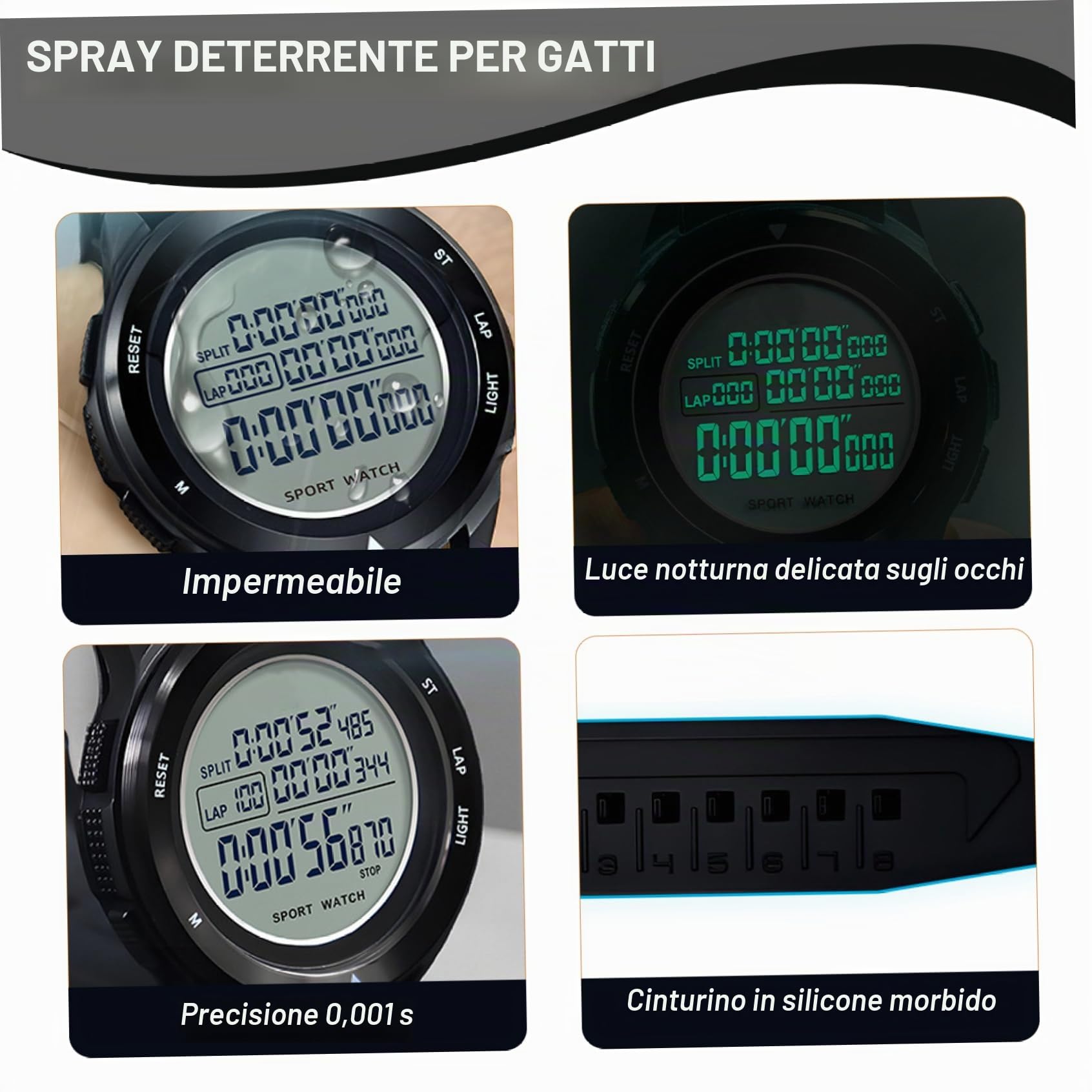 Cronometro multifunzionale con display luminoso, timer da polso regolabile per nuoto sportivo e corsa