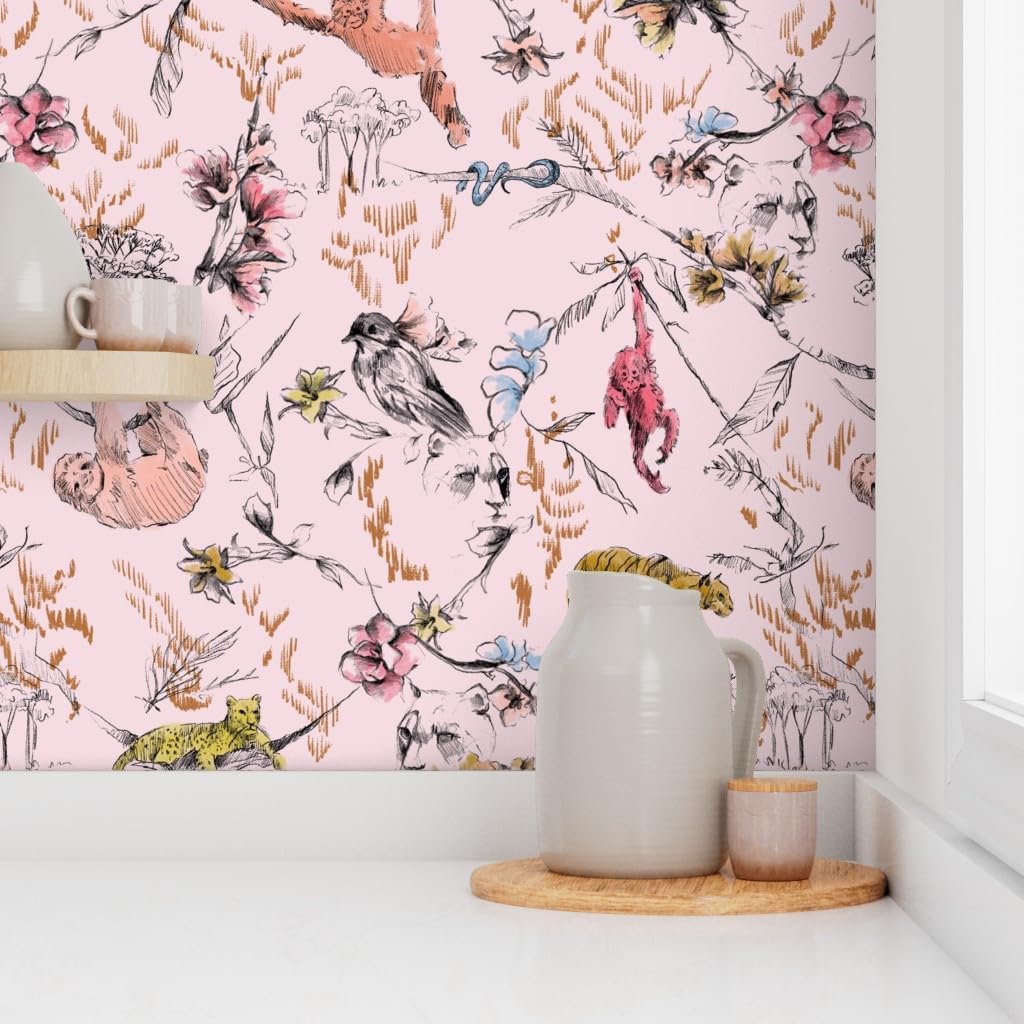Peel & Stick Wallpaper 6ft x 2ft - Jungle Pink Monkey Sloth Tiger Cheetah Tropical Animal Bird Floral Custom Removable Wallpaper by Spoonflower