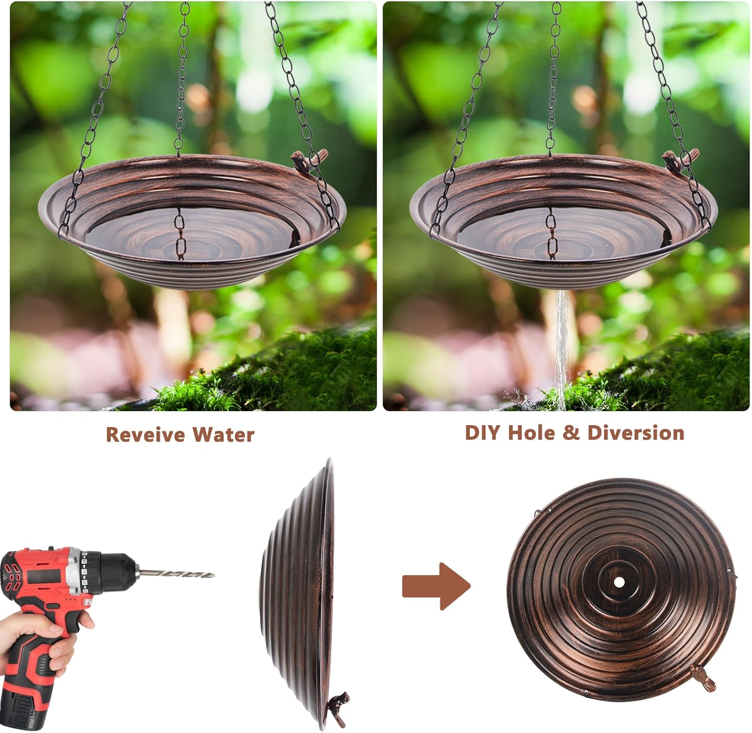 13 inch Rain Chain Basin, Metal Rain Chains Anchoring Bowl Dish, DIY Rain Chain Basin for Gutter Downspout, Copper Hanging Birdbath for Outdoor Garden Patio Decor