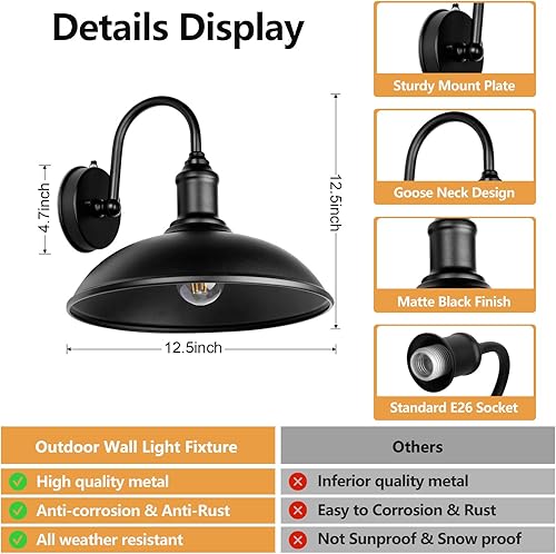 Miniatura 5 de Paquete de 2 apliques de pared para exteriores del anochecer al amanecer, apliques de pared exteriores de cuello de cisne para granero,