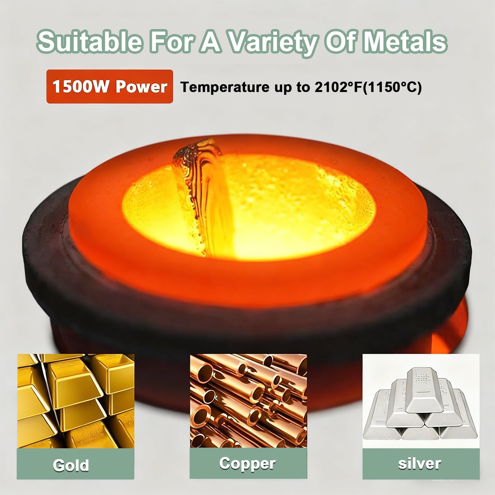 Horno eléctrico de fusión de oro, 1500 W, fundición rápida de 1,150.0 °C con crisol de grafito, control de temperatura LED, incluye guantes aislantes del calor y pinzas para crisol
