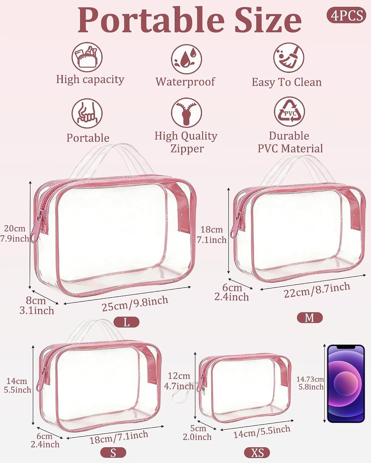 Clear Toiletry Bags for Traveling 4 Pack TSA Approved Toiletry Bag with Waterproof Zipper Assorted Size Clear Makeup Bag Organizer for Carry On Luggage Soft PVC Pink und Black (Pink waterproof)