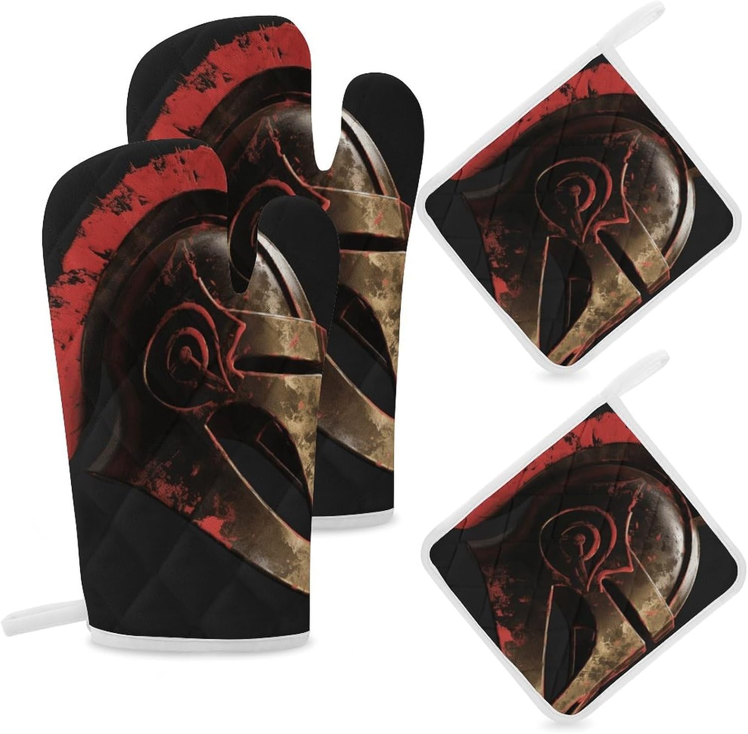 4-Piece Oven Mitts and Pot Holders Set Spartan Warrior Helmet Printed Heat-Resistant Polyester Kitchen Gloves and Potholders Comfortable & Durable for Cooking Baking and Grilling