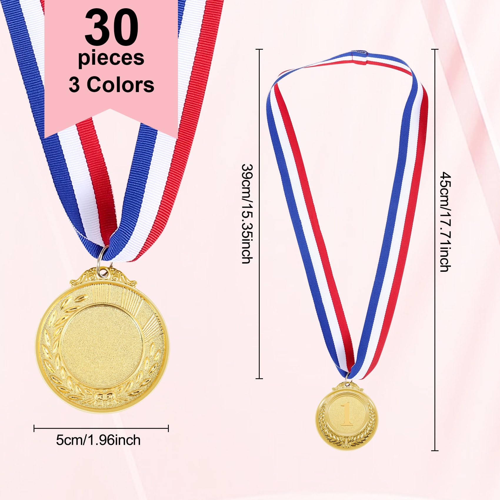 Lot de 30 médailles en métal doré argenté et bronze avec tour de cou pour enfants et adultes, 5,1 cm