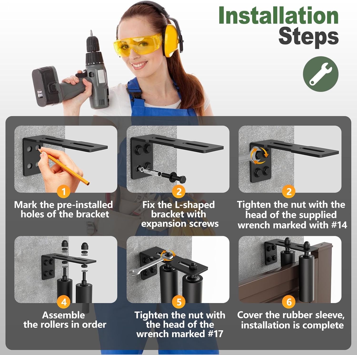 Adjustable Sliding Gate Roller Hardware Kit - Heavy Duty Steel Wall-Mount Bracket & Nylon Roller Guide for Rolling/Sliding Doors, Garage, Wood Gates (Black-1pc, 6in)