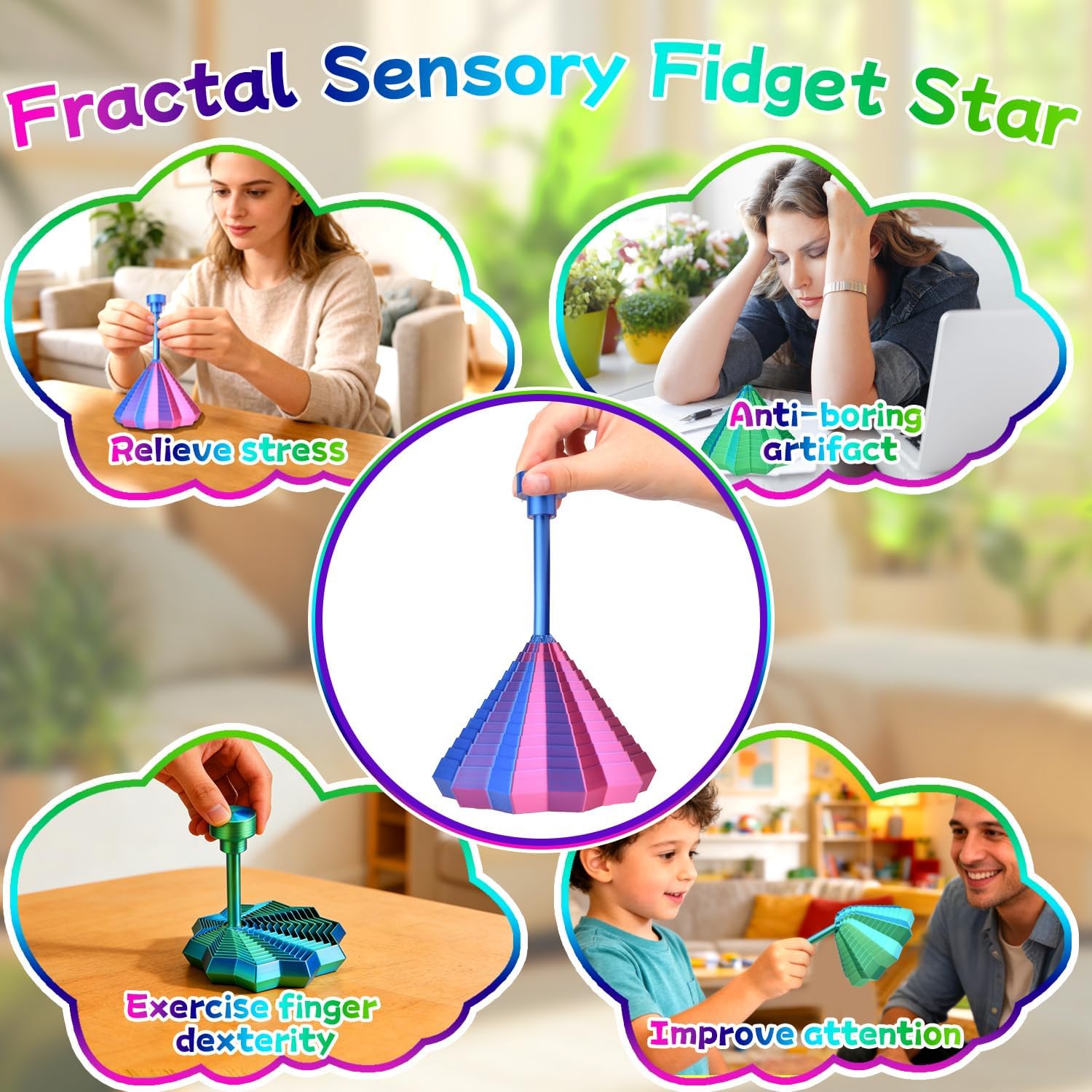 Fractal Sensory Fidget Star, 2Pcs Expanded Star Fidget Toys with Handle, 3D Printed Fidget Toy for Adults & Teens - Image 4