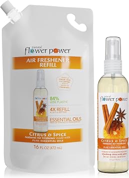 Natural Flower Power Air Freshener Spray Refills - Odor Eliminator w/Essential Oils - Home, Car & Fabric - Cruelty Free & Vegan Citrus & Spice Spray 4 fl oz + Refill 16 fl oz Combo