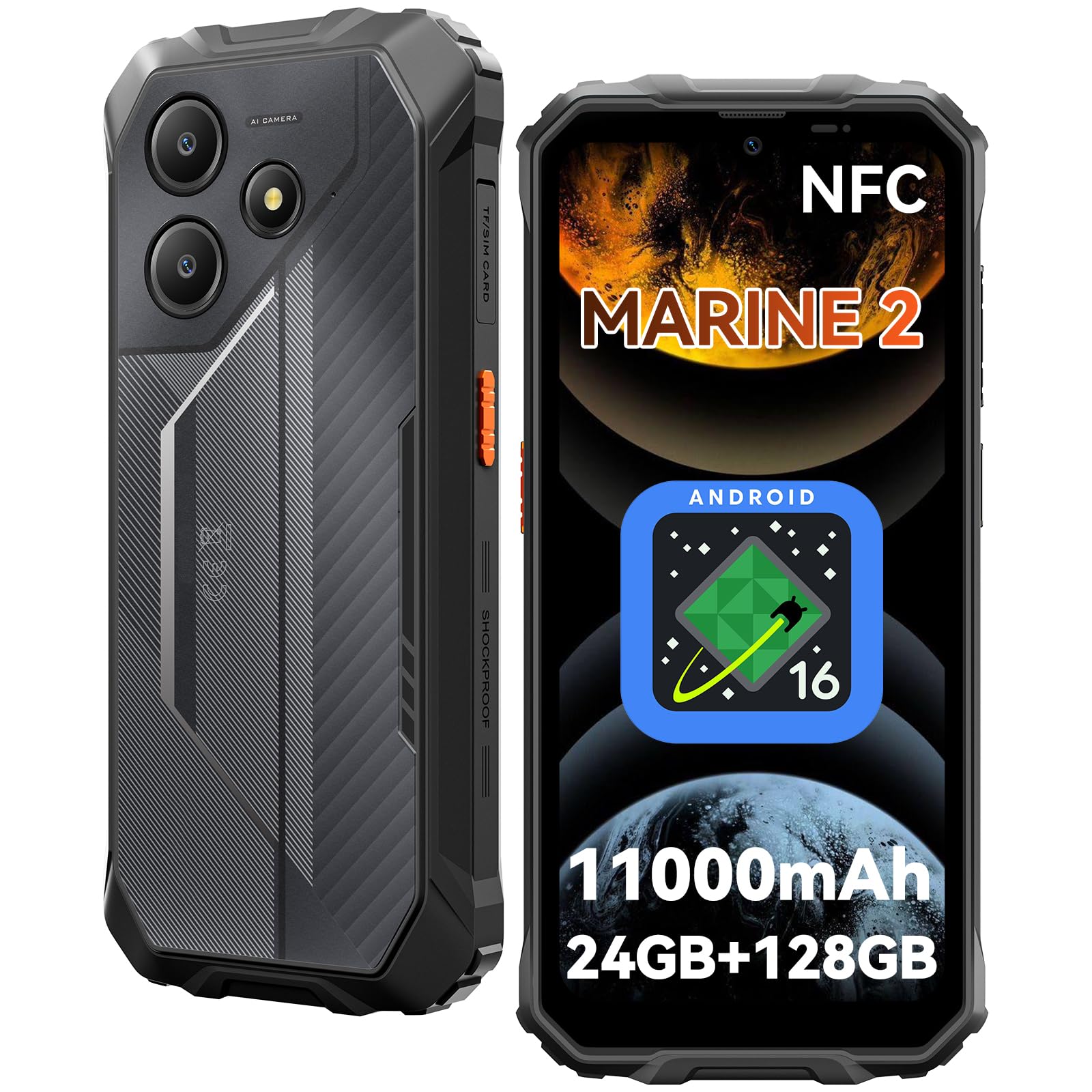Rugged Smartphone 11000mAh, 24(8+16)GB+128GB/2TB Telefono Indistruttibile | Android 16 Smartphone Rugged, Display 6,56" HD+ 90Hz, IP68/IP69K/MIL-STD-810H, Dual SIM/NFC/Face ID/OTG/GPS, 3 Anni Garanzia