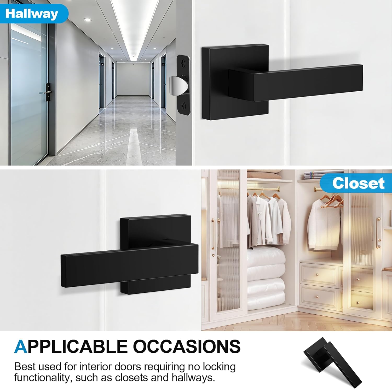 10 Pack Matte Black Door Handles Interior, Passage Door Knobs Closet Door Levers for Hallway, Heavy Duty Square Doorknob Non-Locking Handlesets for Left & Right Sided Doors