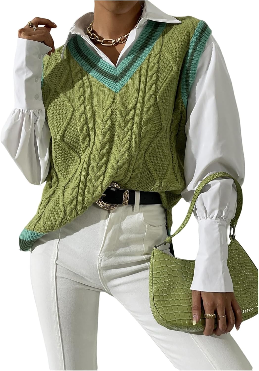 SweatyRocks Women's Cable Knit Sweater Vest Side Split V Neck Sleeveless Pullover Tops