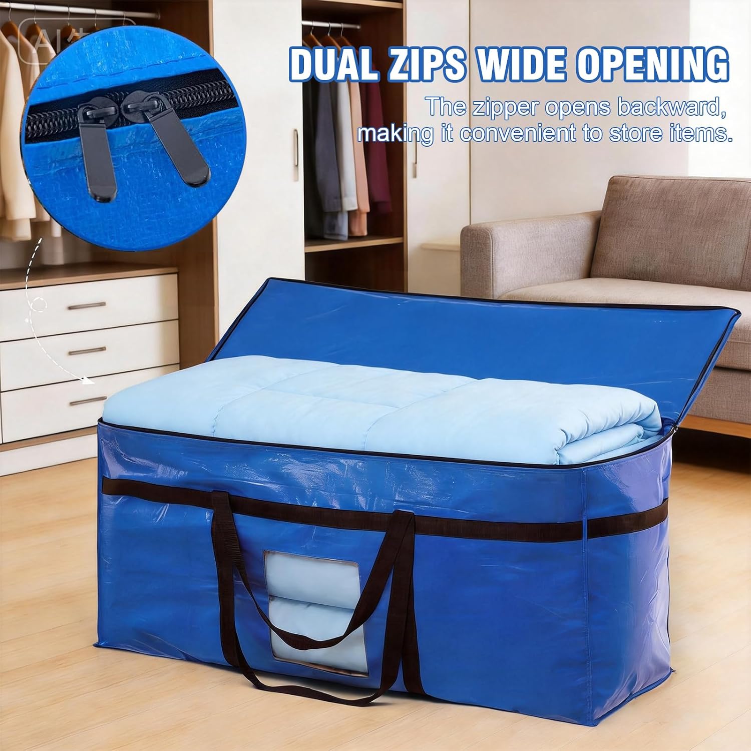 1 Pack 60 Gallon Heavy Duty Moving Storage Bag Foldable Duffle with Zipper 4 Reinforced Handles and See Through Window Waterproof Dustproof Organizer for Home Moving Travel
