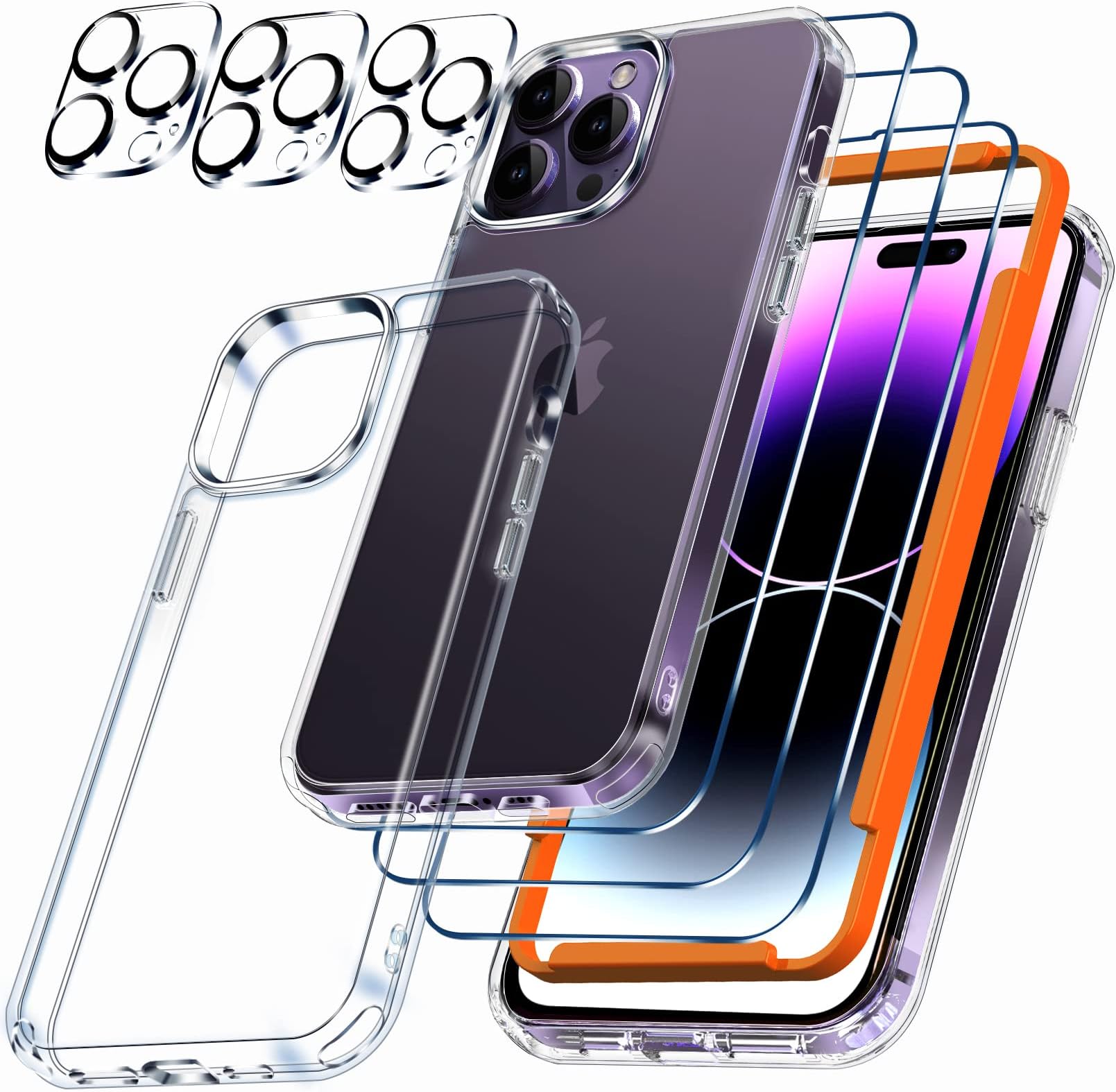 Milomdoi[10 in 1 for iPhone 14 Pro Max Case Clear with 3 Pack Screen Protector Accessories 3 Pack Camera Lens Cover Protective Slim Thin Cute Phone Cases Funda Suitable with MagSafe women men