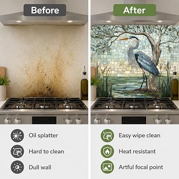 Heron Glass Backsplash, Tempered Glass Backsplash for Kitchen, Glass Backsplash for Kitchen Wall, Kitchen Backsplash, Easy to Install Stove Backsplash