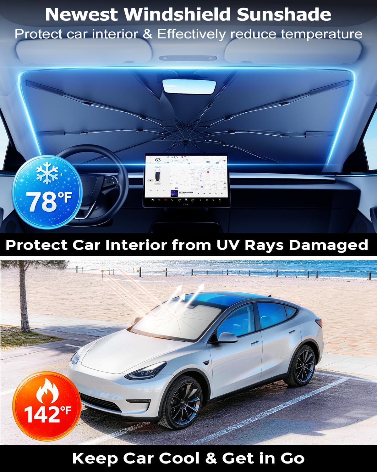 DMJN Umbrella Windshield Sun Shade for Tesla New Model Y Juniper, Y & 3, Car Sunshade for Front Windshield [Nano Ice-Crystal Coatings] UPF50+ Heat & UV Block, Protect Interior & Keep Cooler