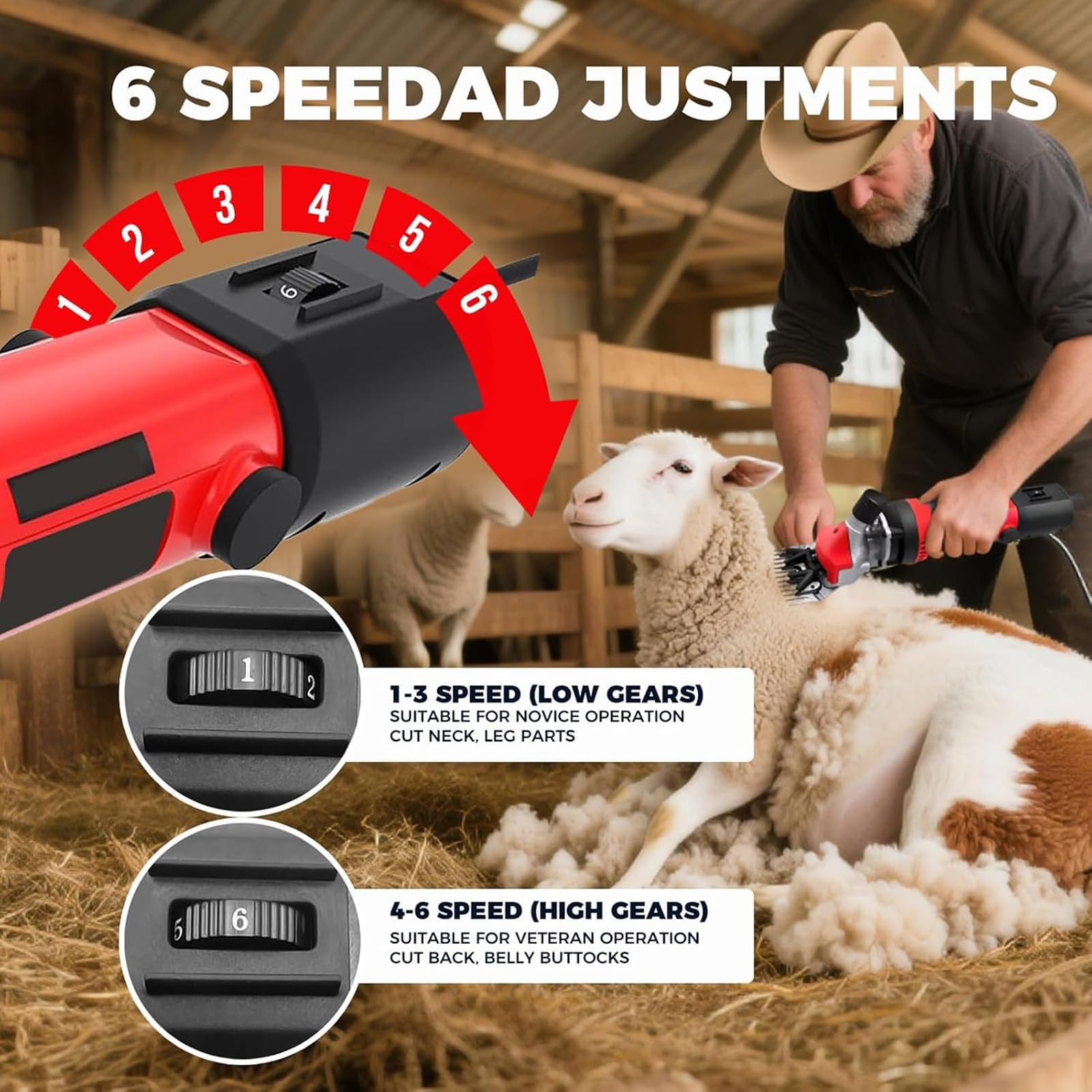 Esquiladora eléctrica para ovejas, potentes tijeras para ovejas de 2800r/min con 6 velocidades y 6 cuchillas de repuesto para ovejas, cabras, ganado, granjas
